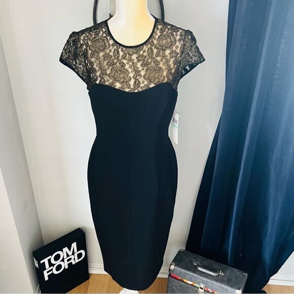 Maggy London Black Stretch Crepe Gold Lace Illusion Dress, Black, Size 8, NWT - Picture 12 of 17